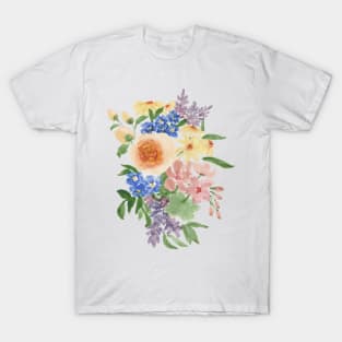 Bouquet of Rose, Lavender, Geranium, Forget me not, Daisy Watercolour Painterly Florals T-Shirt